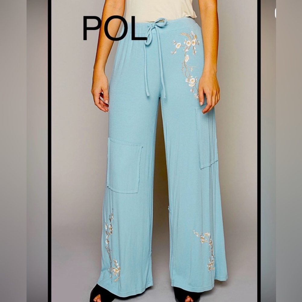 NEW- POL Light Blue Wide Leg Pants with Floral Embroidery